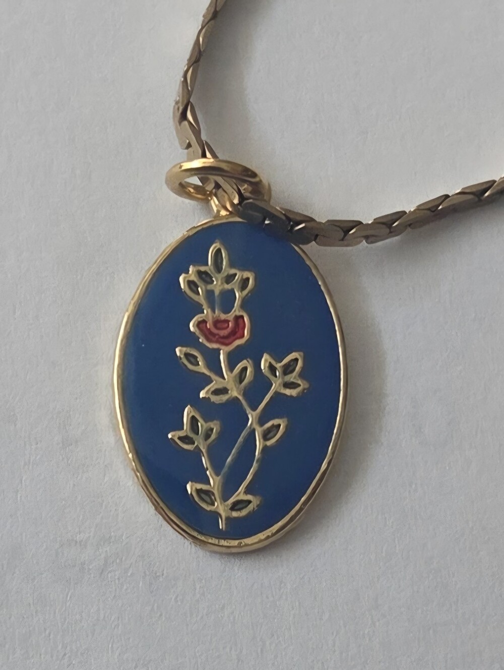 Enamel Floral Oval Pendant Necklace in Blue, Red & Green